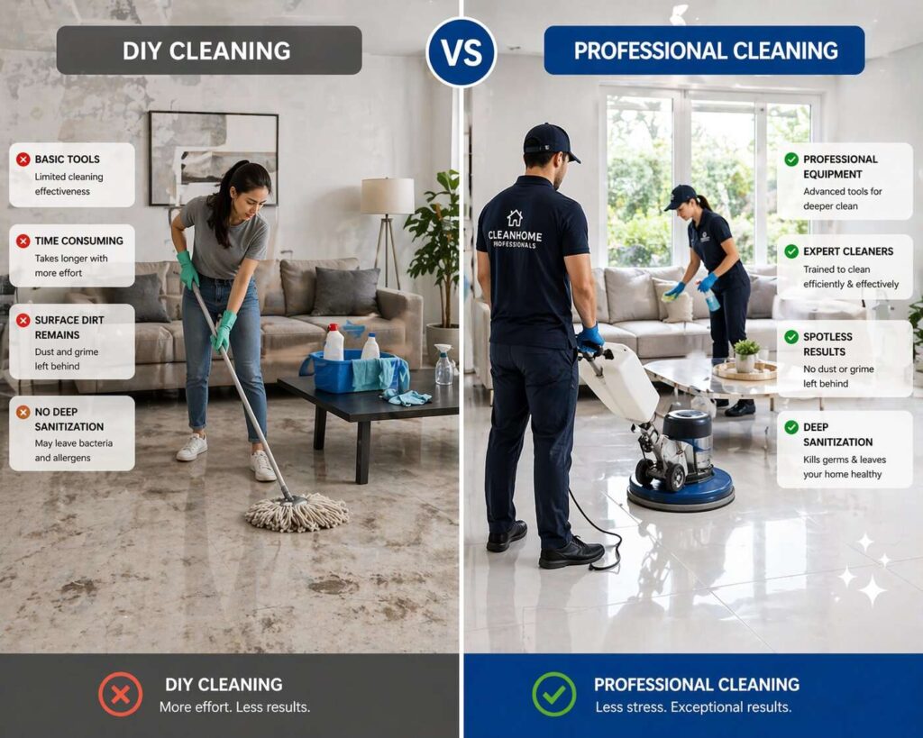 difference between DIY home cleaning and professional deep cleaning results side by side