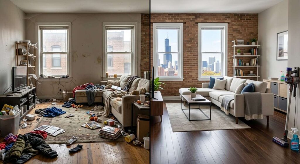 Home deep cleaning cost in Chicago living room before and after professional cleaning.