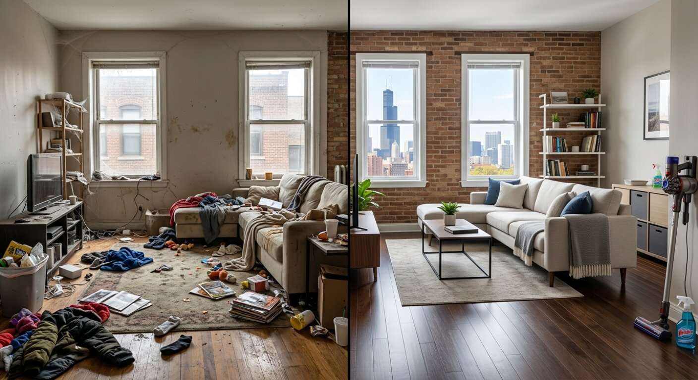 Home deep cleaning cost in Chicago living room before and after professional cleaning.