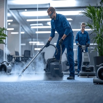 Professional carpet cleaning service using steam extraction machine to deep clean carpet in a home