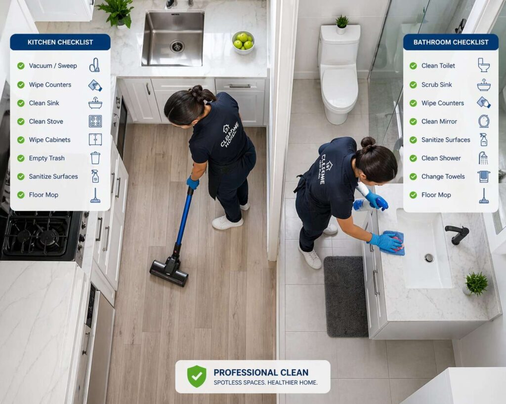 professional home deep cleaning checklist kitchen bathroom living room bedroom tasks