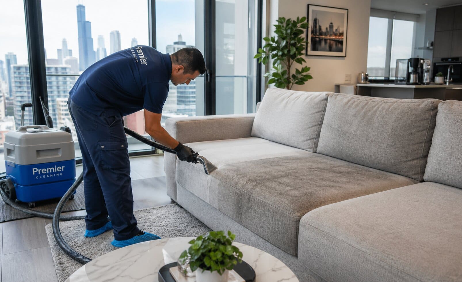 Professional upholstery cleaning in Chicago showing sofa deep cleaning service removing dirt, stains, and allergens from fabric furniture in a modern home.